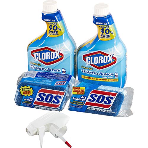 Product Cover Clorox Clean-Up Bleach Cleaner Spray and S.O.S All Surface Scrubber Sponge Value Pack - Two 32 Ounce Bottles and 4 Sponges