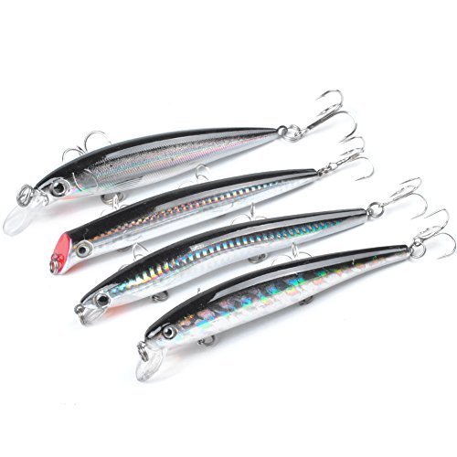 Product Cover Dr.Fish Fishing Lure Assortment 5in Minnow Plugs Popper Jerkbait Mustad Hooks Saltwater Freshwater Surf Fishing Lures Striper Bass Salmon Black Silver