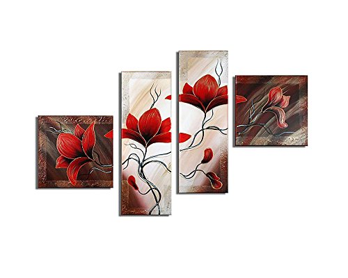 Product Cover Noah Art-Rustic Flower Art, Red Tulip Flower Picture 100% Hand Painted Floral Artwork Modern Abstract Flower Oil Paintings on Canvas, 4 Piece Framed Flower Wall Art for Bedoom Wall Decor