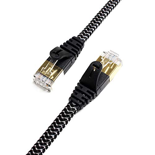 Product Cover Tera Grand - 6FT - CAT7 10 Gigabit Ethernet Ultra Flat Patch Cable for Modem Router LAN Network - Braided Jacket, Gold Plated Shielded RJ45 Connectors, Faster Than CAT6a CAT6 CAT5e, Black & White