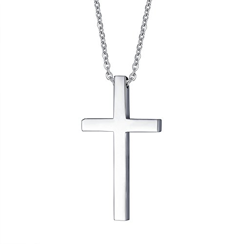 Product Cover Reve Simple Stainless Steel Silver Tone Cross Pendant Necklace for Men Women, 20''-22'' Chain (20)