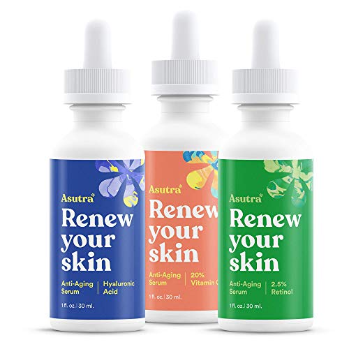 Product Cover ASUTRA Anti-Aging Serum Set, 1 fl oz each (3pk) | Includes 20% Vitamin C + 2.5% Retinol + Hyaluronic Acid Serums | Brighten, Hydrate, Soften, Restore Skin