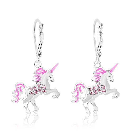 Product Cover Kids Earrings - White Gold Toned Enamel Unicorn Crystal Earrings with Silver Leverbacks Baby, Girls, Children (Pink)