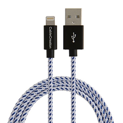 Product Cover [Apple MFi Certified] CableCreation Lightning to USB Charge and Sync Cable for iPhone 11, 11 Pro, 6S iPhone 6,iPhone 5/5S/5C, Metal Plug & Cotton Jacket, Blue & White, L=4ft/1.2m