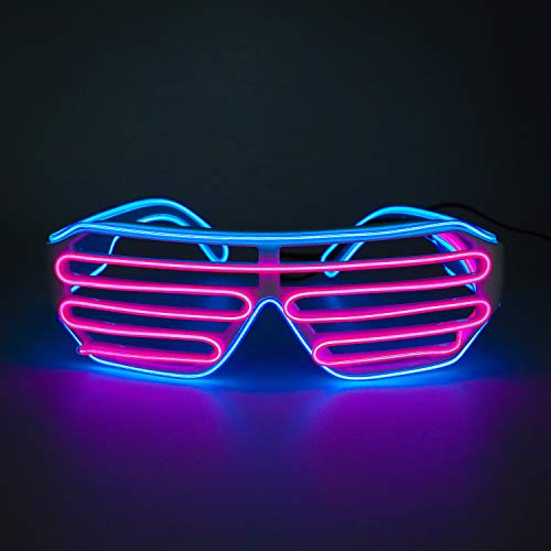 Product Cover Fronnor EL Glasses El Wire Fashion Neon LED Light Up Shutter Shaped Glow Sun Glasses Rave Costume Party DJ Bright SunGlasses(Blue Frame+Pink)