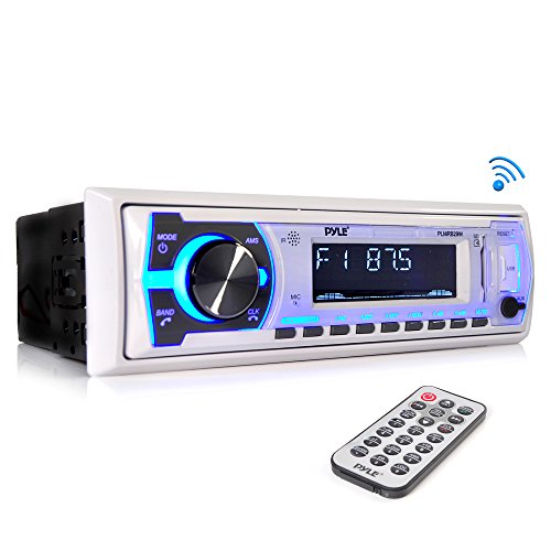 Product Cover Pyle Marine Bluetooth Stereo Radio - 12v Single DIN Style Boat In dash Radio Receiver System with Built-in Mic, Digital LCD, RCA, MP3, USB, SD, AM FM Radio - Remote Control - PLMRB29W (White)