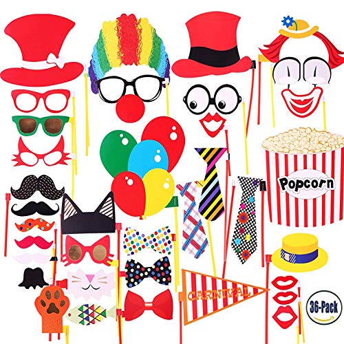 Product Cover COOLOO Attached Photo Booth Props, Party Favors for Wedding Birthday Carnival Bachelorette Dress-Up Acessories 36 Pcs, Costume with Mustache, Glasses, Cat, Clown, Bowler, Bowties On Plastic Sticks