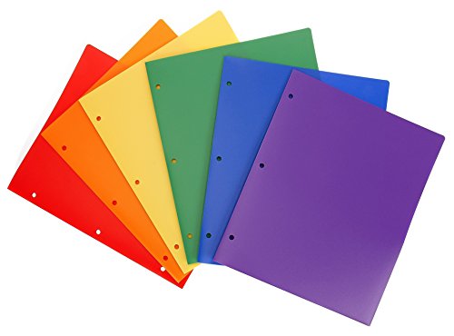 Product Cover STEMSFX Heavy Duty Plastic 2 Pocket Folder Hole Punched (Pack of 6 Folders Assorted Colors) For Letter Size Papers, Includes Business Card Slot