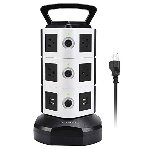 Product Cover Power Strip Tower JACKYLED Surge Protector Electric Charging Station 3000W 13A 10 Outlets 4 USB Ports with 16AWG 6.5ft Heavy Duty Extension Cord Universal for Home Office
