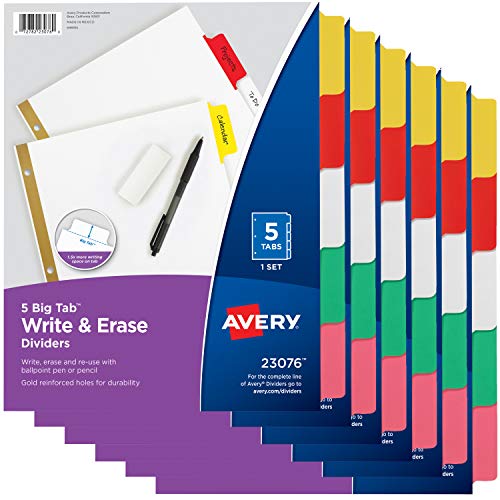 Product Cover Avery 5-Tab Binder Dividers, Write & Erase Multicolor Big Tabs, 6 Sets (23076)