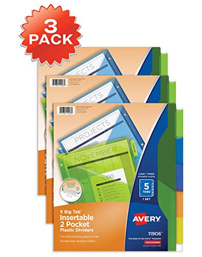 Product Cover Avery 5-Tab Plastic Binder Dividers with Pockets, Insertable Multicolor Big Tabs, 3 Sets (11906)