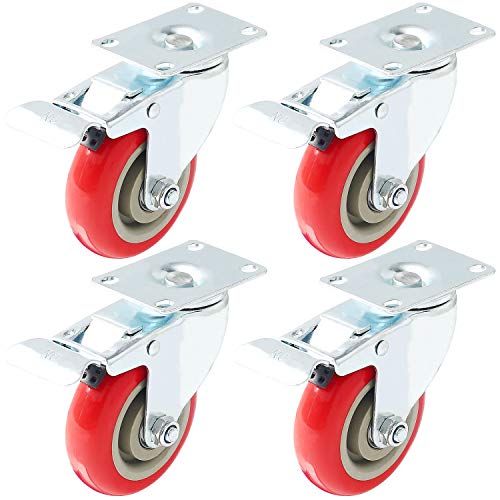 Product Cover 4 Pack Caster Wheels Swivel Plate Stem Brake Casters On Red Polyurethane Wheels (4 inch with brake)