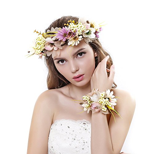 Product Cover 2pc/set Flower Wreath Headband with Floral Wrist Band for Wedding Festivals