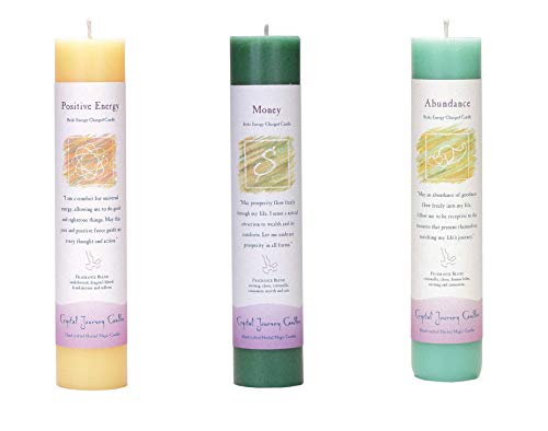 Product Cover Crystal Journey Reiki Charged Herbal Magic Pillar Candle with Inspirational Labels - Wealth and Health Bundle of 3(Positive Energy, Money, Abundance) Each 7