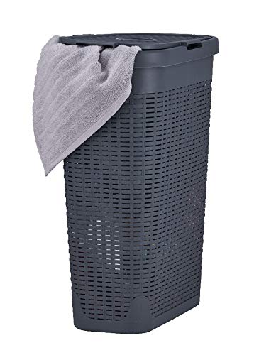 Product Cover Superio Narrow Laundry Hamper 40 Liter With Easy Lid, Slim and Tall, Grey Durable Wicker Hamper, Washing Bin with Cutout Handles - Dirty Cloths Storage in Bathroom or Bedroom Apartment, Dorms