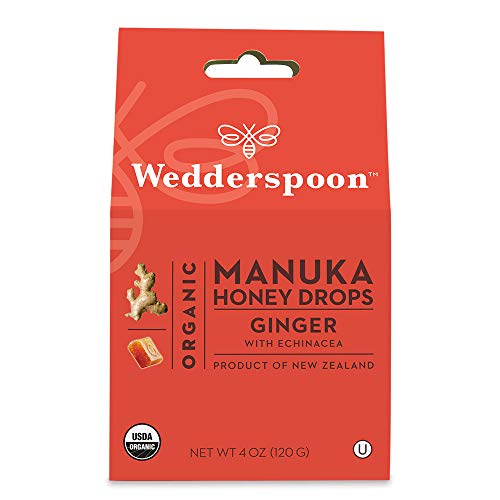 Product Cover Wedderspoon Organic Manuka Honey Drops, Ginger + Echinacea, 4.0 Oz, Unpasteurized, Genuine New Zealand Honey, Perfect Remedy For Dry Throats