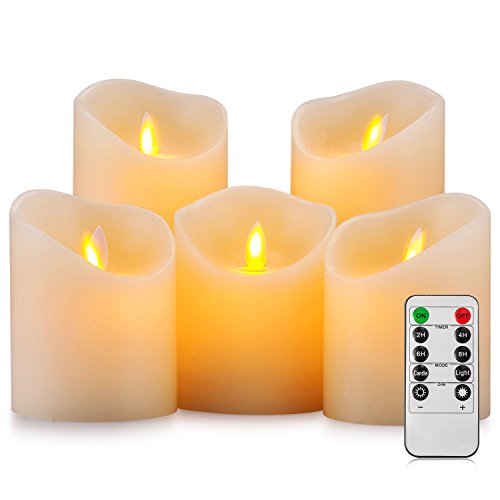 Product Cover Pandaing Battery Operated Candles Set of 5 Pillar Realistic Moving Flame Real Wax Flameless Flickering LED Candles with Remote Control 2 4 6 8 Hours Timer