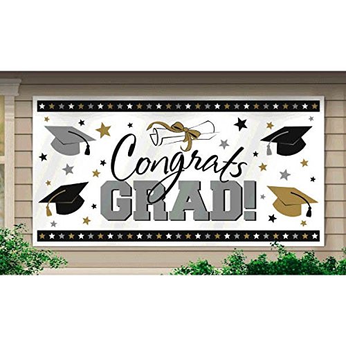 Product Cover Amscan Graduation Party Banner, Horizontal Black, Silver and Gold, Plastic, 65