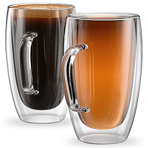 Product Cover Stone & Mill Set of 2 Large Double Walled Glass Coffee Cups, 15 Ounce Sicilia Collection, Tall Insulated Mugs for Espresso, Latte, Cappuccino, Tea, Box Set AM-13