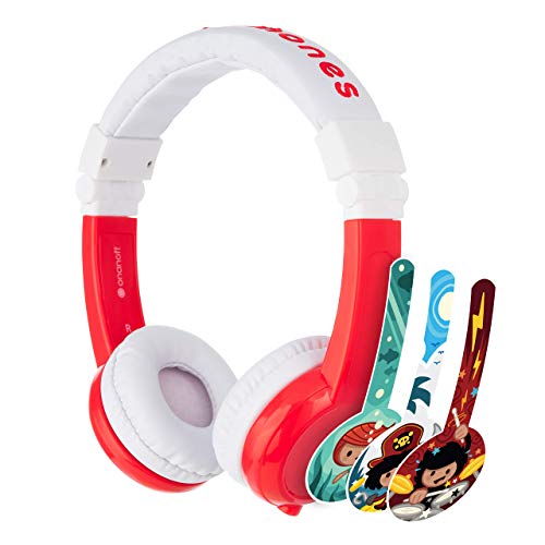 Product Cover ONANOFF BuddyPhones Explore Foldable, Volume-Limiting Kids Headphones with Travel Bag, Built-in Audio Sharing Cable with Mic, Compatible with Fire, iPad, iPhone, and Android Devices, Red