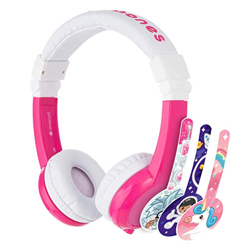 Product Cover ONANOFF BuddyPhones Explore Foldable, Volume-Limiting Kids Headphones with Travel Bag, Built-In Audio Sharing Cable with Mic, Compatible with Fire, iPad, iPhone, and Android Devices, Pink