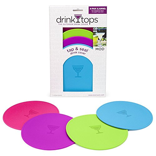 Product Cover Drink Tops MOD Large Tap and Seal Outdoor Drink Covers, 4pk- Summer Crush, Gently Suctions to Glasses Keeping Bugs Out, Aromas In, and Reduces Splashing