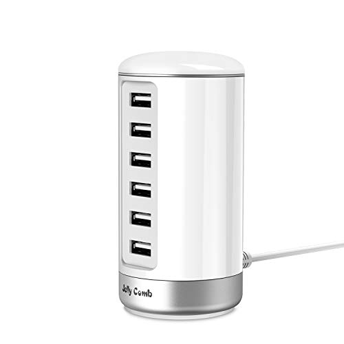 Product Cover USB Charger, USB Wall Charger Station : Jelly Comb Universal 6-Port Multi USB Charging Station with Smart Identification for Phones, Tablets, Kindle, External Battery Pack and More - White