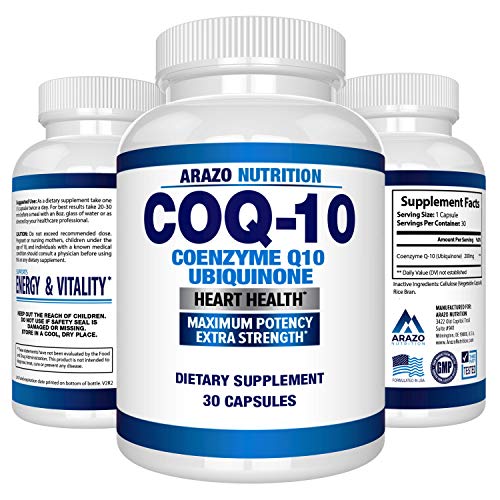 Product Cover COQ10 Ubiquinone Coenzyme Q10-200mg Maximum Strength Nutritional Supplement - High Absorption Capsules with No Soy - Arazo Nutrition USA