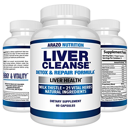 Product Cover Liver Cleanse Detox & Repair Formula - 22 Herbs Support Supplement: Milk Thistle Extracts Silymarin, Beet, Artichoke, Dandelion, Chicory Root - Arazo Nutrition USA