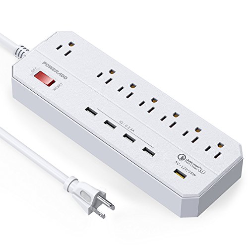 Product Cover [Quick Charge 3.0] POWERADD Surge Protector Power Strip 7 Outlets with 5 Smart USB Charging Ports, 6ft Heavy Duty Extension Cord 1875W/15A 900J - White