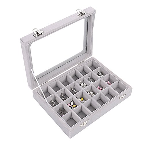 Product Cover Ivosmart 24 Section Velvet Glass Jewelry Ring Display Organiser Box Tray Holder Earrings Storage Case (Grey)