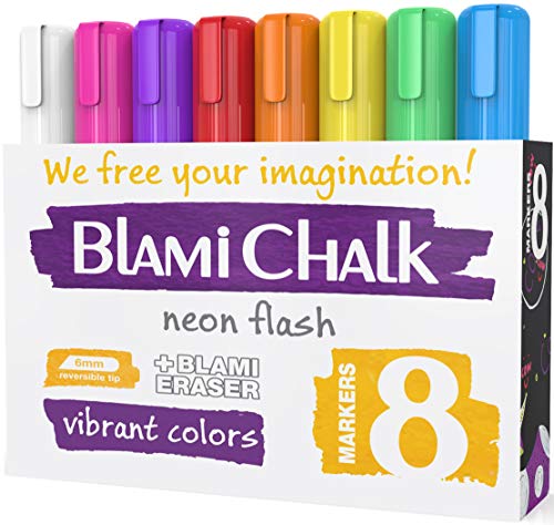 Product Cover Blami Arts Chalk Markers 8 Pens Set - Neon Vibrant Chalkboard Markers - Non-Toxic Water-based Liquid Chalk Markers with Reversible Tips and Erasing Sponge Included