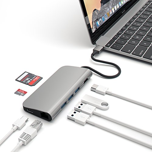 Product Cover Satechi Aluminum Multi-Port Adapter 4K HDMI, USB-C Pass Through, Gigabit Ethernet, SD/Micro Card Readers, USB 3.0 - Compatible with 2019/2018 MacBook Pro, 2018 MacBook Air, 2018 iPad Pro and more (Space Gray)