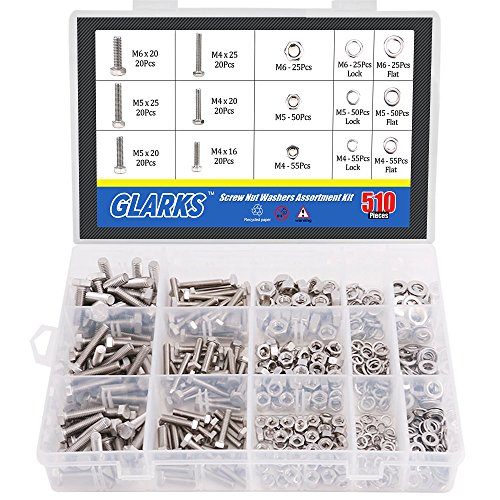 Product Cover Glarks 510 Pieces Flat Hex Stainless Steel Screws Bolts Nuts Lock and Flat Gasket Washers Assortment Kit