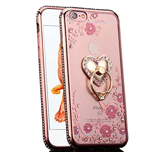 Product Cover iPhone 6S Case, iPhone 6 Case, CaseUp Glitter Crystal Heart Floral Series - Slim Luxury Bling Rhinestone Clear TPU Case With Ring Stand For iPhone 6S/ iPhone 6 (4.7 Inch) Rose Gold