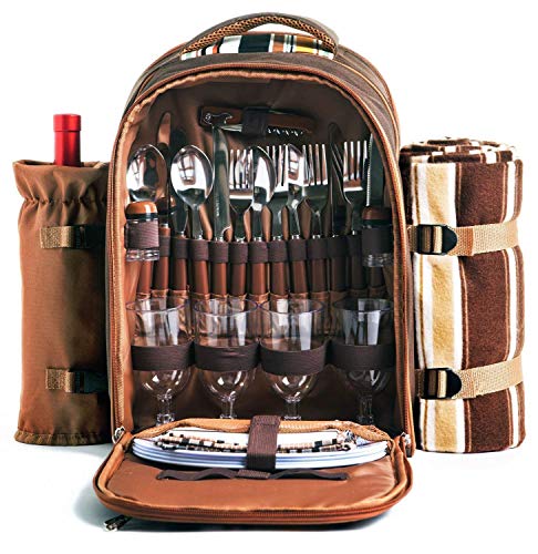 Product Cover Picnic Backpack Bag for 4 Person With Cooler Compartment, Detachable Bottle/Wine Holder, Fleece Blanket, Plates and Cutlery Set Perfect for Outdoor, Sports, Hiking, Camping, BBQs(Coffee)