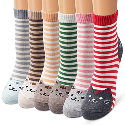 Product Cover Ambielly Women Socks Cute Animal Patterned Casual Cotton Socks (6 Stipe Cats)