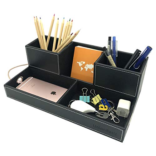 Product Cover UnionBasic 5-Compartment Desk Organizer - Designed Hole for Cabling When Charging Phone - Card/Pen/Pencil/Mobile Phone Office Supplies Holder Desktop Organizer (Large Black)