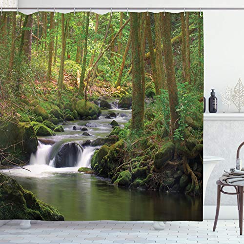 Product Cover Ambesonne Nature Shower Curtain, Stream Flowing in Forest Mossy Rocks Tree Foliage Splash Summertime Hiking, Cloth Fabric Bathroom Decor Set with Hooks, 70