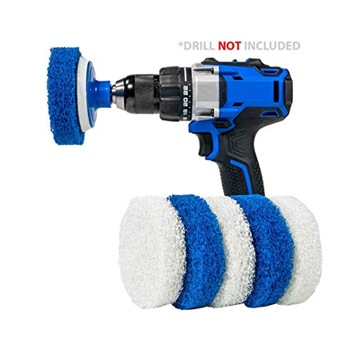 Product Cover RotoScrub 7 Pack Multi-Purpose Drill Brush Kit for Cleaning Bathrooms, Showers, Tubs, Tile, Floors, Sinks, Toilets, Grout and Grime Removal, Mold/Mildew Removal, Reversible Blue and White Scrub Pads