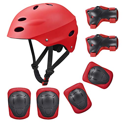 Product Cover Kid's Protective Gear Set,Roller Skating Skateboard BMX Scooter Cycling Protective Gear Pads (Knee Pads+Elbow Pads+Wrist Pads+ Helmet) (Red)