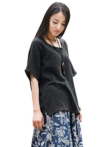Product Cover Soojun Women's Casual Loose Short Sleeve Round Collar Cotton Linen Shirt Blouse Tops
