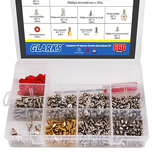 Product Cover Glarks 660-Pieces Phillips Head Computer PC Spacer Screws Assortment Kit for Hard Drive Computer Case Motherboard Fan Power Graphics (Extra: Phillips Screwdriver)