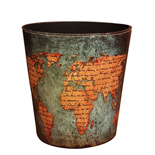 Product Cover Wastebasket, Samyoung European Style World Map Pattern PU Leather Paper Basket Trash Can Dustbin Garbage Bin.