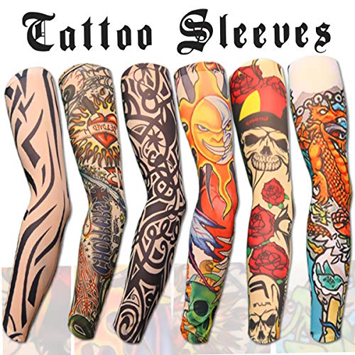 Product Cover Akstore 6pcs Set Arts Fake Temporary Tattoo Arm Sunscreen Sleeves Designs Tiger, Crown Heart, Skull, Tribal and Etc