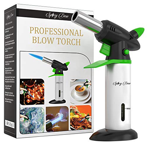 Product Cover Spicy Dew Blow Torch - Creme Brulee Torch - Refillable Professional Culinary Kitchen Torch with Safety Lock and Adjustable Flame - Micro Butane Torch with Fuel Gauge - Cooking Food Torch