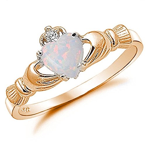 Product Cover Blue Apple Co. 925 Sterling Silver Claddagh Ring Rose Tone Rhodium Plated Created Fiery Lab Created White Opal CZ Accent