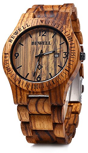 Product Cover Bewell ZS-W086B Mens Wooden Watch Analog Quartz Movement Date Display Lightweight Wood Wrist Watch (Zebra Wood)