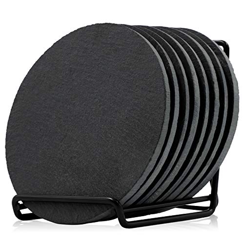 Product Cover Juvale Round Slate Coasters Set of 8 - With Rack - 4 Inches Diameter - Black