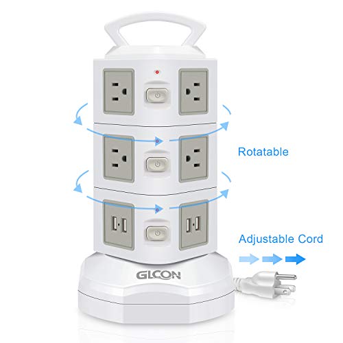 Product Cover Power Strip Surge Protector - GLCON Power Strip Tower with 4 USB Slot + 10 Outlet Plugs + 6ft Long Extension Cord - Universal Charging Station Vertical Socket for Electric Appliance Device (White)